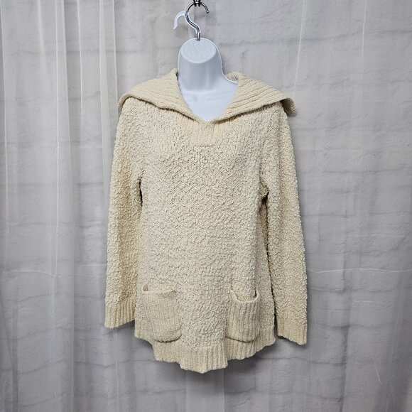 J Jill Cream Popcorn Chenille Sweater Fisherman Shawl Collar Preppy M - Picture 1 of 12